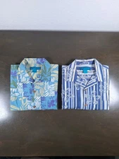 Lot 2 - Paradise Found Hawaiian Shirt Large L Blue Green Leaves Floral Striped