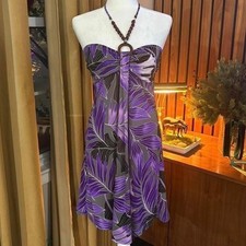 NaPua Collection Honolulu Strapless Halter Dress Purple Leaf Print Sz L