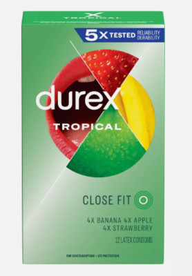 Durex Tropical Fruit Flavored Lubricated Latex Condoms + Brass Pocket Case