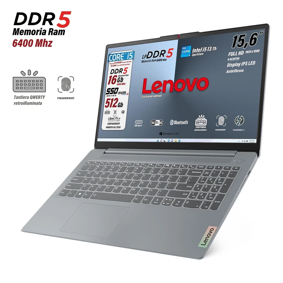 Notebook Lenovo Intel i5 13420H DDR5 16GB SSD 512GB FHD 15,6 Win11Pro Fing Retro - Immagine 3 di 4
