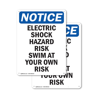 (2 Pack) Electric Shock Hazard Risk Swim OSHA Notice Sign Decal Metal Plastic