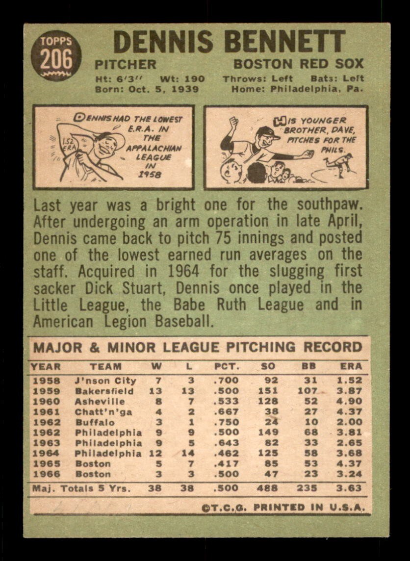 1967 Topps Baseball #206 Dennis Bennett EX/MT *d3 | eBay.de