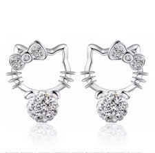 HELLO KITTY Earrings Cubic Zirconia Pearl, Silver Color, NEW