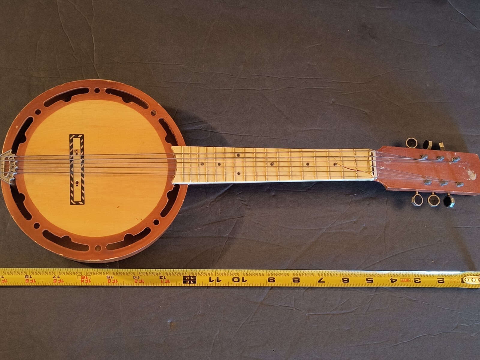 Mini Banjo 6 string Wooden Instrument Vintage Carved Wood Folk Art