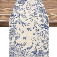 Anydesign Blue and White Table Runner 13 X 72 Inch Monochrome Sketch Birds Flowe