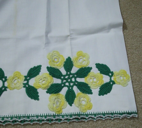 Par de fundas de almohada de ganchillo amarillas verdes florales algodón estándar vintage - Imagen 6 de 17