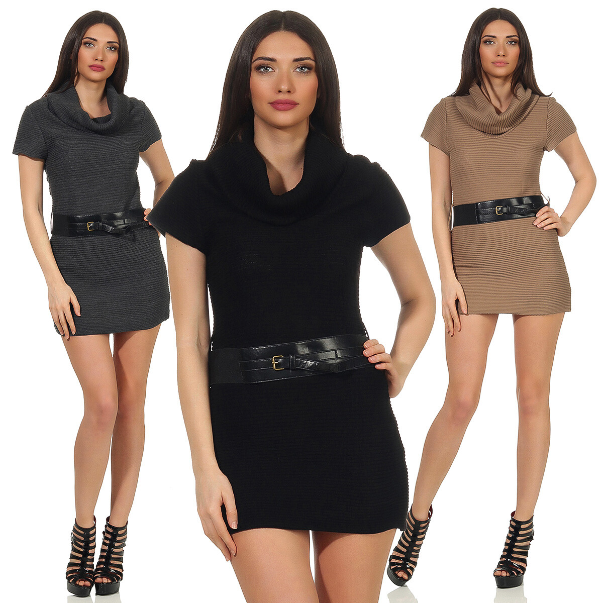 Vestido de Punto Minivestido Largo Cuello Cisne Suéter Jersey Cinturón