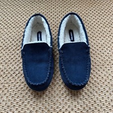 Lands End Suede Shearling Blue Moccasin Slippers Womens Size 7