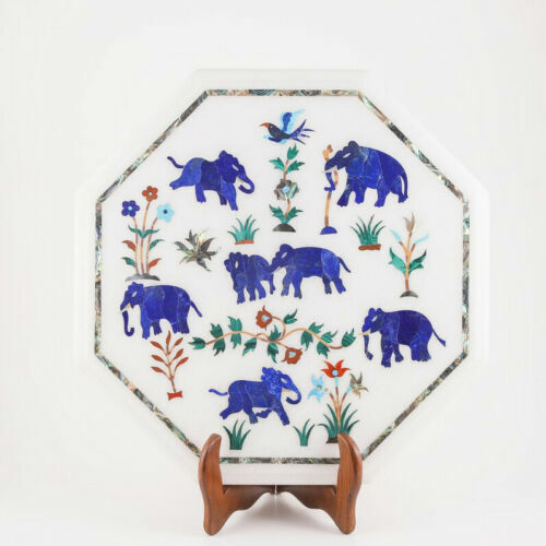 18-inch Marble Side Table with Floral Inlay Semi-Precious Stone Artwork  