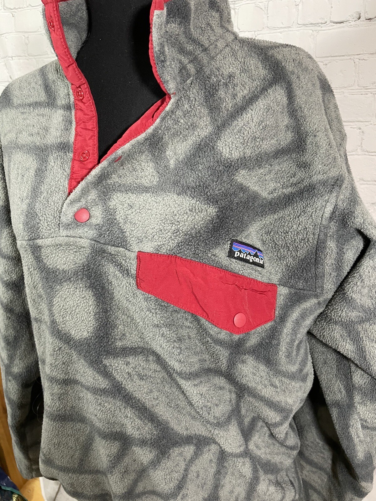 Mens Vintage 90s Patagonia Snap-T Synchilla Sz M Grey Red Pullover Fleece Jacket image 3