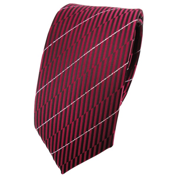 Schmale Tigertie Krawatte Rot Weinrot Schwarz Silber Gestreift - Binder Schlips-image