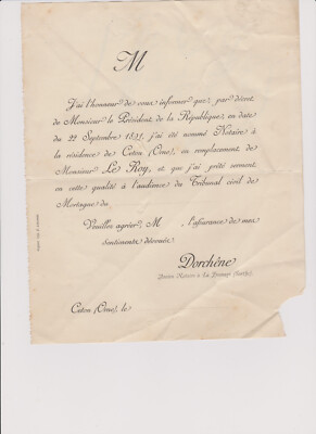 CETON ERNENNUNG VON HERRN DORCHENE NOTAR IN DER FRESNAYE SARTHE VON MR LEROY 1891