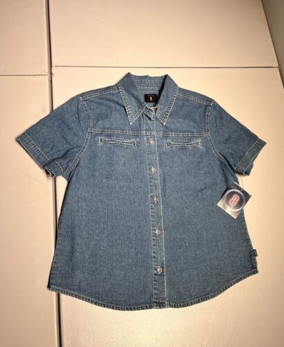 Levis Shirt Women’s Large Blue Denim Metal Button Work Western Short Sleeve VTG