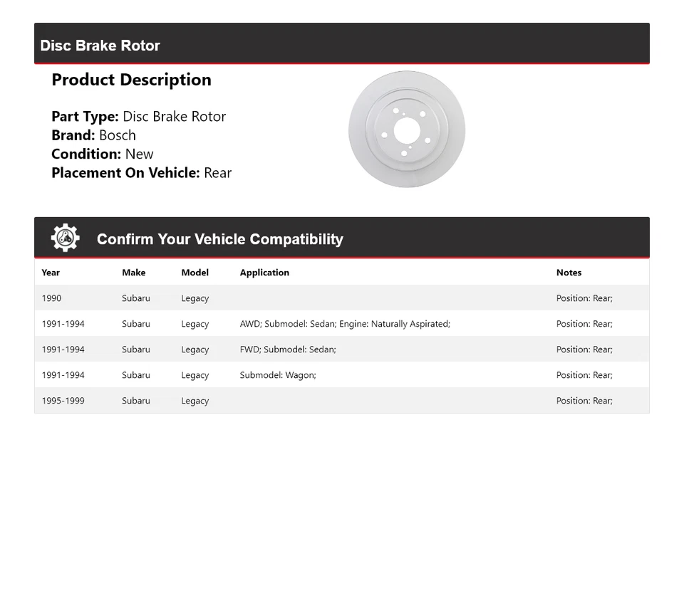 Rotor de freno de disco trasero QuietCast Bosch Legacy 1990-1999 1991 1992 1993 Foto 2 de 4