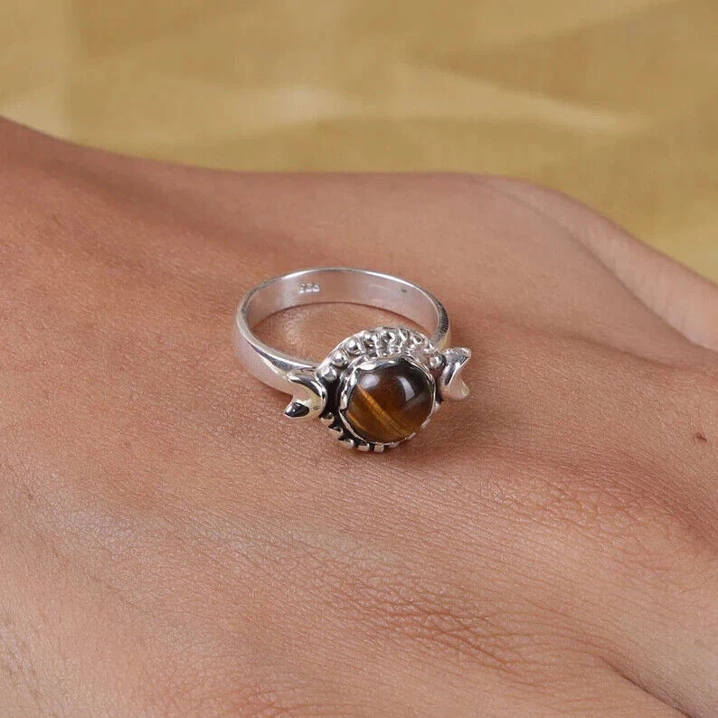 AAA+ Occhio di Tigre Anello 925 Argento Sterling Bohemien Hippie Regalo Natale - Immagine 3 di 4