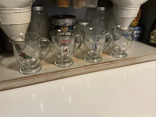  4 Vintage Mugs Anchor Hocking Clear Pedestal Winter Sports Holiday Season