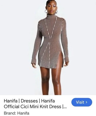 Hanifa Brown Silver Striped Knit Mini Bodycon Dress XL Long Sleeve Turtleneck