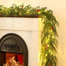 9FT Christmas Garland with Lights, Battery Operated Garland with Red Berries and