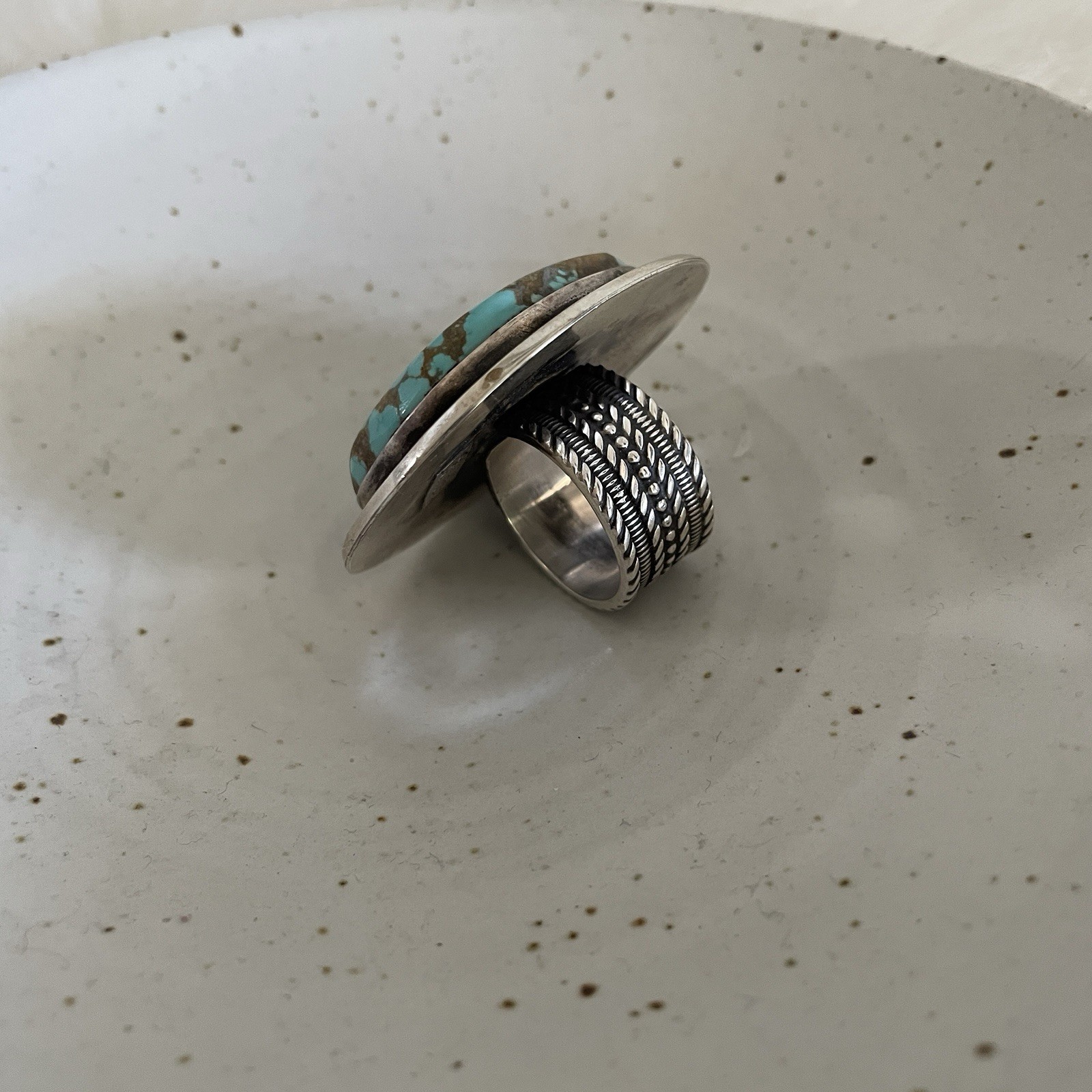 Turquoise and Silver Statement Ring  artisan Hand… - image 2