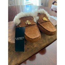 Lauren Ralph Lauren Savanah Brown Suede Faux Fur Mule Loafers Size 8.5B NWT