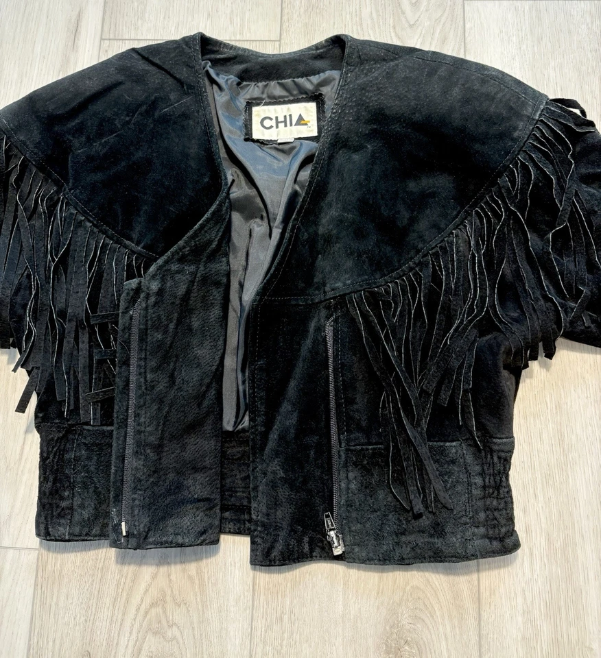 Chaqueta de Colección Años 80 CHIA Negra Gamuza Flecos Para Mujer Western Recortada Boho Mediana Foto 2 de 4