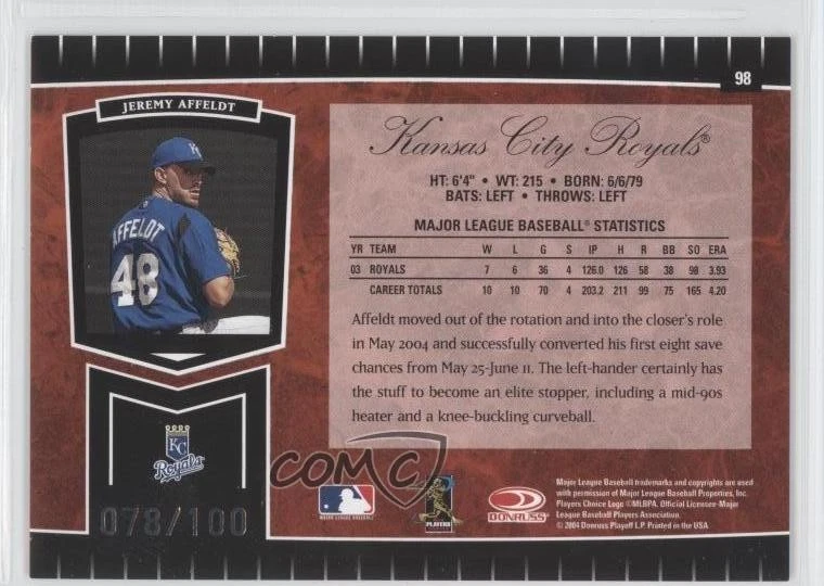 2004 Leaf Certified Cuts Marble Red /100 Jeremy Affeldt #98 - Image 2 of 2