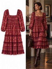 Ulla Johnson Aina Amaranthus Floral Midi Dress Size 6 Burgundy Puff Sleeve