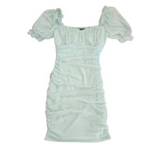Babydoll Soft Mint Green Ruched Mesh Puff Sleeve Bodycon Mini Dress Size M