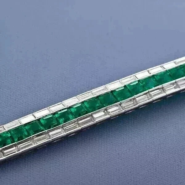8 CT Princess Lab-Created Emerald Men's Tennis Bracelet 14K White Gold Plated - Image 3 of 4