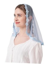 Lace Chapel Veil Latin Headcovering women for Church Lace Veil with Dusty Blue
