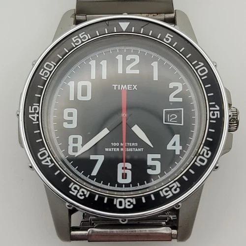 Vintage Timex Mens Watch 40mm Black Dial Diver Running Flex Band (Read Desc)