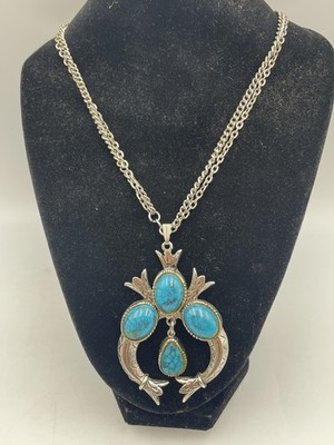 Vintage Squash Blossom Necklace Faux Turquoise Southwestern Silver Tone Jewelry