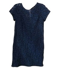 Ann Taylor Loft Shift Dress Women's 4 Navy Black Floral Lace Short Sleeve Preppy