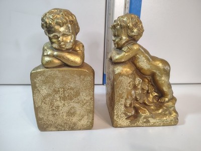 Pair Of Cherub Bookends Andrea By Sadek Gold Regency Patina Gold Tone Resin