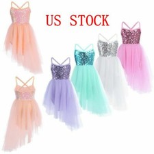 Kids Girls Lyrical Dance Dress Ballet Latin Dancewear Sequined Skirts Costume