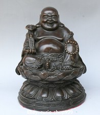 China Bronce Puro Budismo Sentar Loto Ruyi Feliz Risa Maitreya Buda Estatua