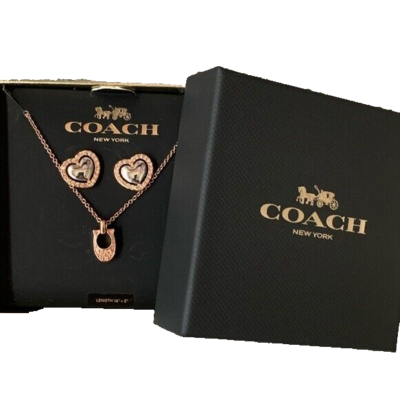 COACH 3-PC SET C Logo Rose Gold Necklace & Heart Earrings Crystal 