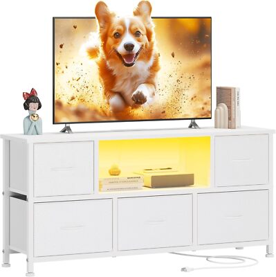 Lulive TV Stand for Living Room, LED White Dresser for Bedroom with 5 Fabric