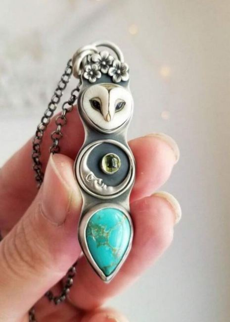 Owl Moon Turquoise Silver Pendant Necklace Handcrafted Boho Jewelry