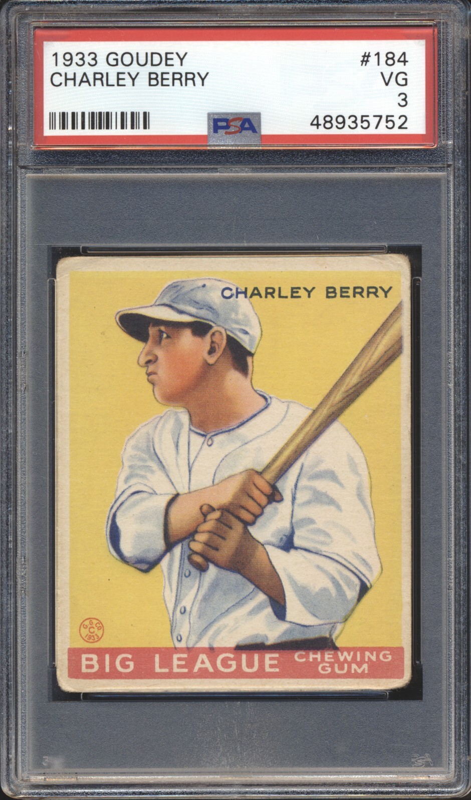 1933 Goudey Baseball Charley Berry ROOKIE #184 PSA 3 WHITE SOX VG