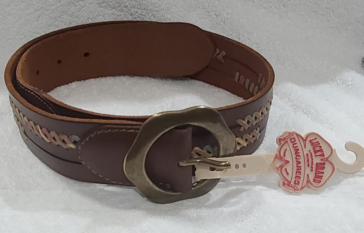 Lucky Brand Embroidered Brown Leather Belt Boho Y2K Brass 