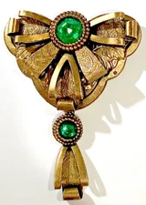 GLASS & BRASS Dangling Brooch Antique DECO Engraved Vaseline Stone Glows 3"