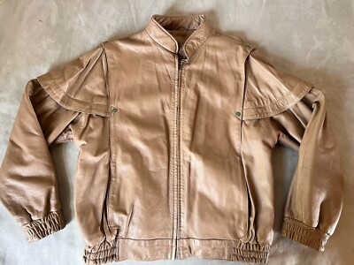 Vintage Echtes Leder Taupe Real Leather Bomber Jacket 46  Chest EUC