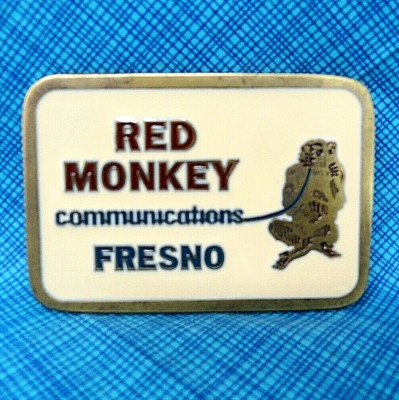 Red Monkey Communications Promo Belt Buckle Fresno CA Vtg CD Hit USA     .TWY265