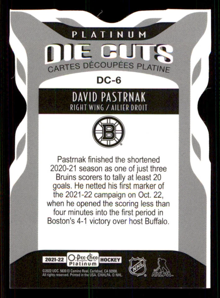 2021-22 O-Pee-Chee Platinum Platinum Die Cuts #DC6 David Pastrnak - Image 2 of 2