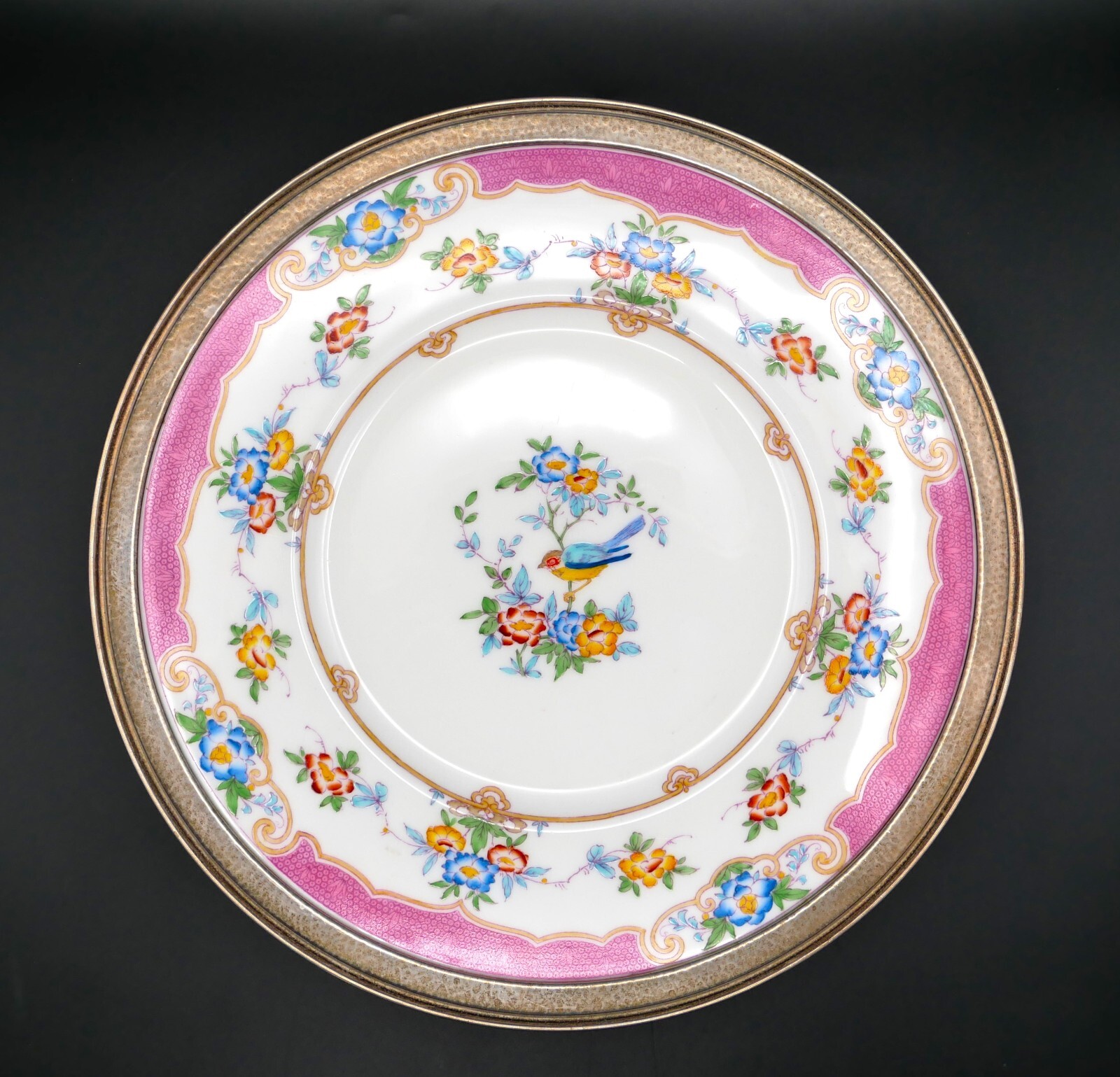 Minton England Hand Painted Plate Silver Rim Pink with Blue Bird & Flowers 11