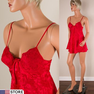   INNER MOST Red Babydoll Embroidered Floral Satin Slip Nightgown Nightie S 