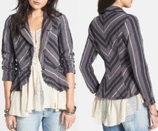 Free People F042J931 Charcoal Combo Rumpled Stripe Yarn Dye Linen Blazer - 128