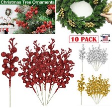 10Pcs Artificial Christmas Glitter Berries Stems Xmas Tree Wreath DIY Decor US