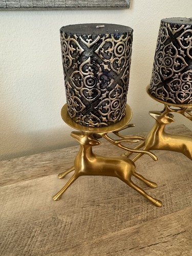 Reindeer Candle Holders Gold Set Of 2 Pillar Candles Christmas Holidays - Picture 3 of 19